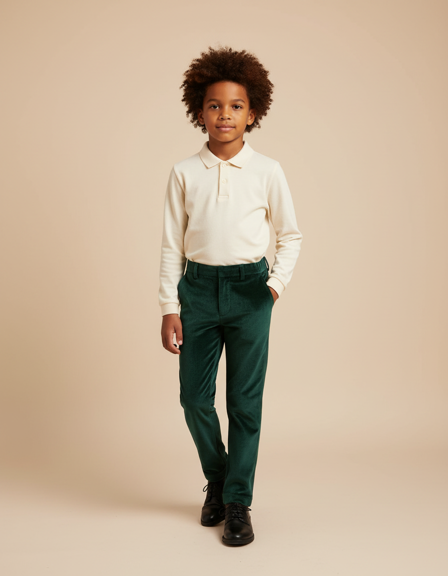 Pantalon Velours Vert Émeraude Droit Enfant Élégant