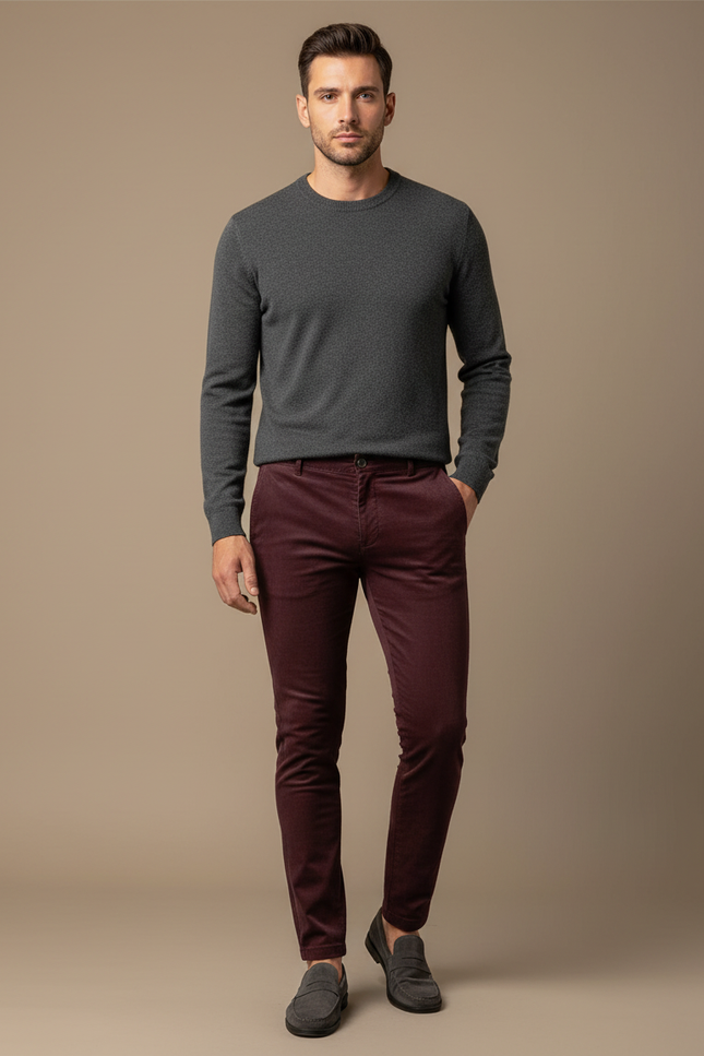 Pantalon Velours Bordeaux Slim Côtelé Homme Élégant - Cordé