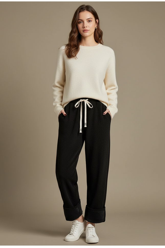 Pantalon Velours Noir Côtelé Large Décontracté Cordon - Cordé