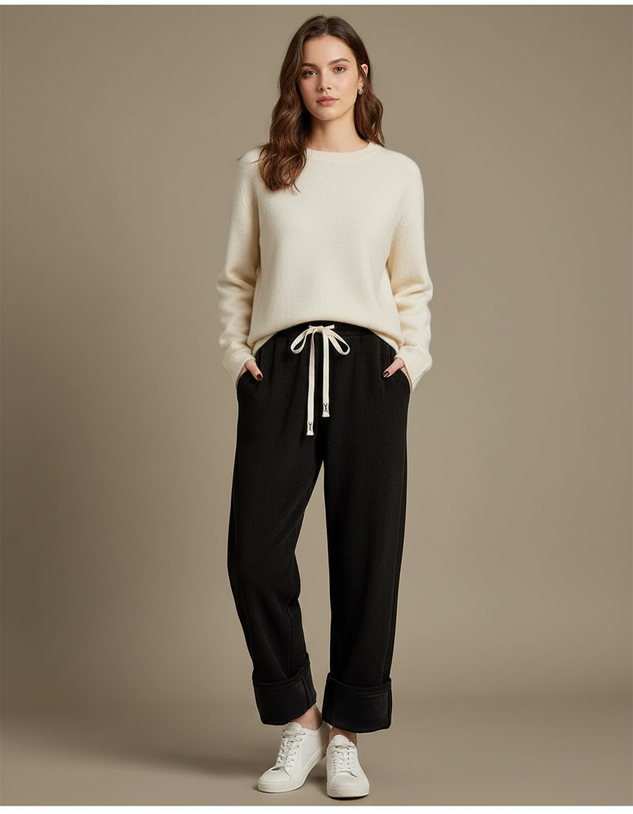 Pantalon Velours Noir Côtelé Large Décontracté Cordon - Cordé