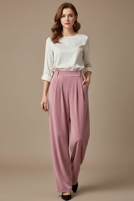 Pantalon Velours Rose Plissé Ample Décontracté Femme