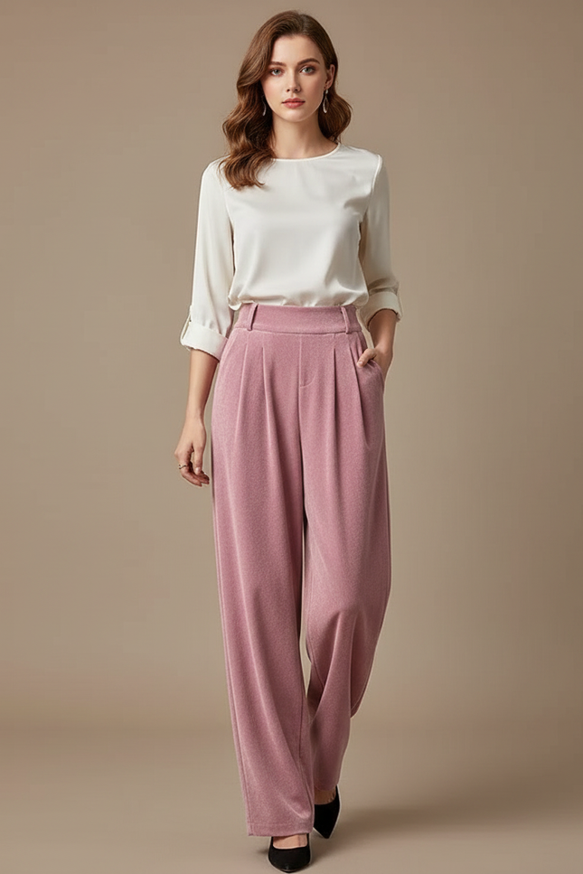 Pantalon Velours Rose Plissé Ample Décontracté Femme