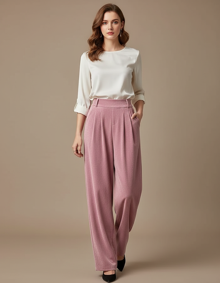 Pantalon Velours Rose Plissé Ample Décontracté Femme