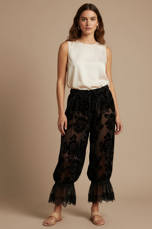 Pantalon Velours Noir Floral Transparent Dentelle Évasé