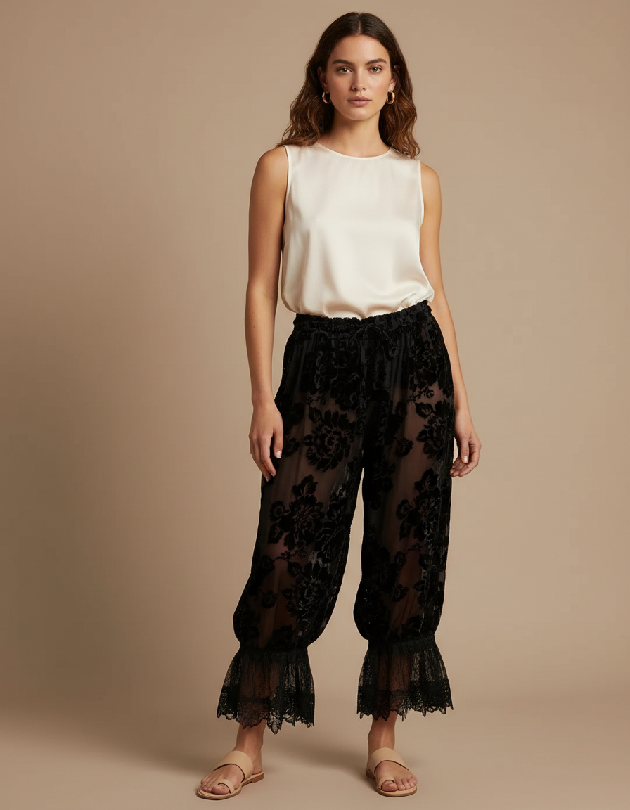 Pantalon Velours Noir Floral Transparent Dentelle Évasé