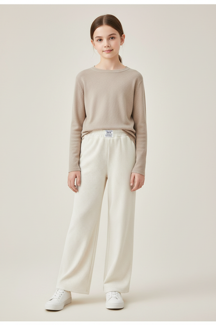 Pantalon Velours Écru Côtelé Ample Fille Décontracté - Beige Cordé