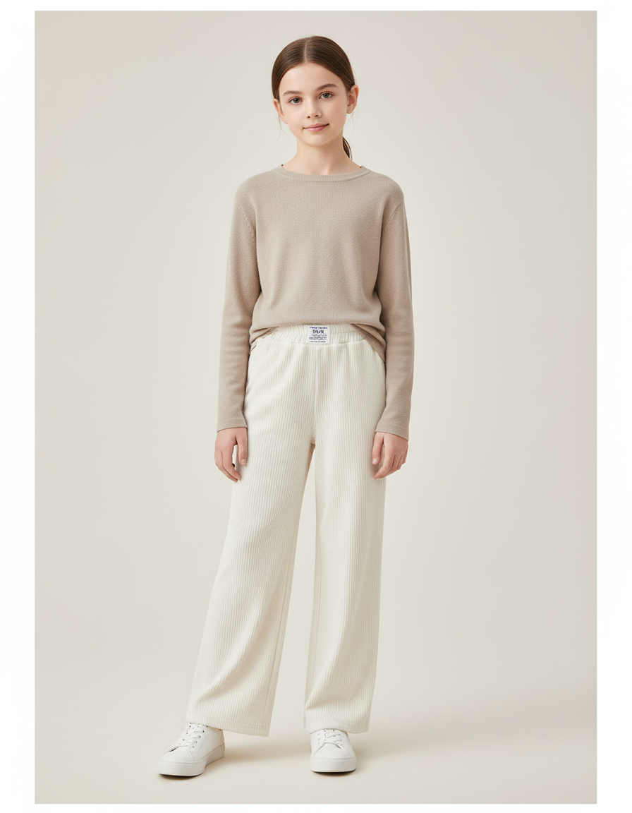 Pantalon Velours Écru Côtelé Ample Fille Décontracté - Beige Cordé