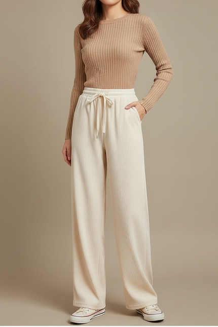 Pantalon Velours Côtelé Ample Beige Fluide Femme - Cordé