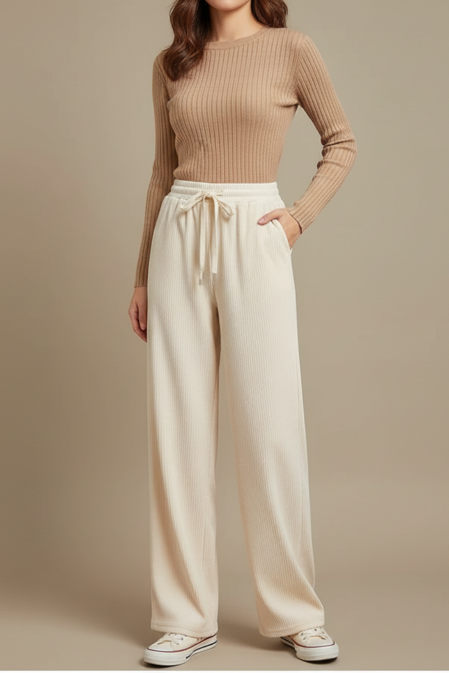 Pantalon Velours Côtelé Ample Beige Fluide Femme - Cordé
