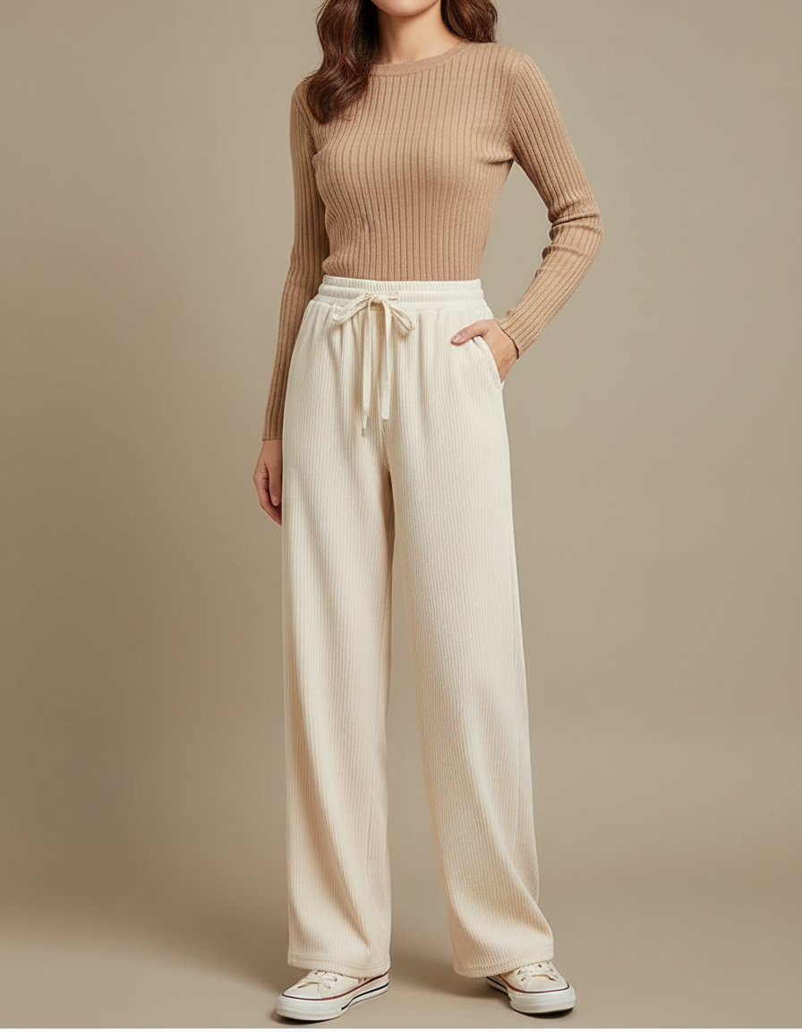 Pantalon Velours Côtelé Ample Beige Fluide Femme - Cordé