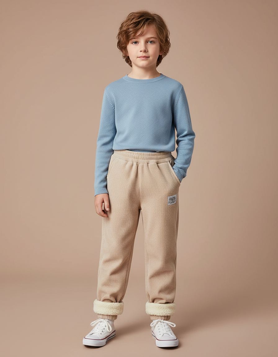 Pantalon Velours Côtelé Beige Doublé Chaud Enfant - Cordé