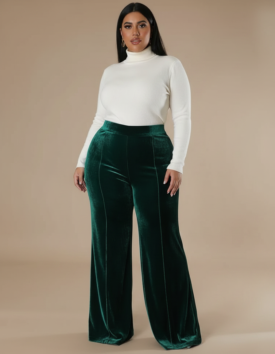Pantalon Velours Vert Émeraude Droit Ample Élégant