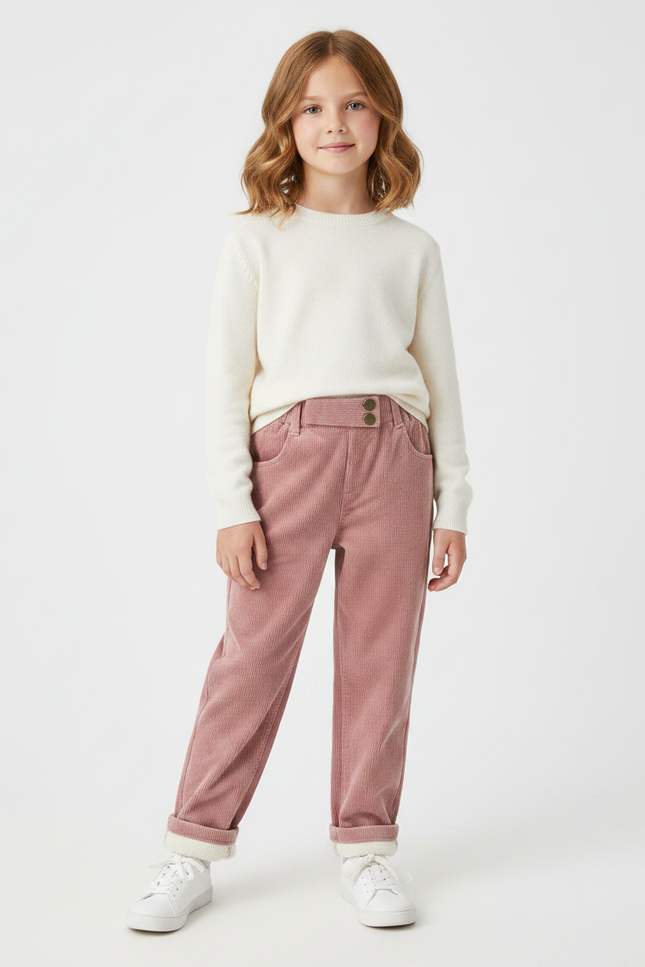 Pantalon Velours Rose Côtelé Doublé Chaud Enfant - Cordé