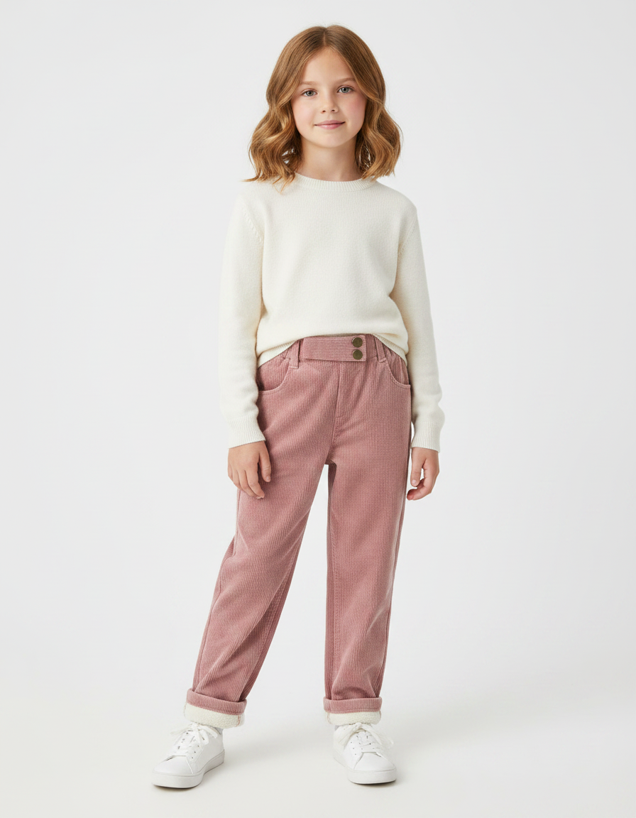 Pantalon Velours Rose Côtelé Doublé Chaud Enfant - Cordé