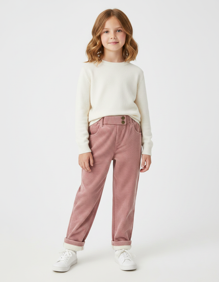 Pantalon Velours Rose Côtelé Doublé Chaud Enfant - Cordé