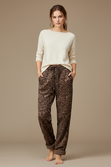 Pantalon Velours Léopard Marron Ample Confortable Femme