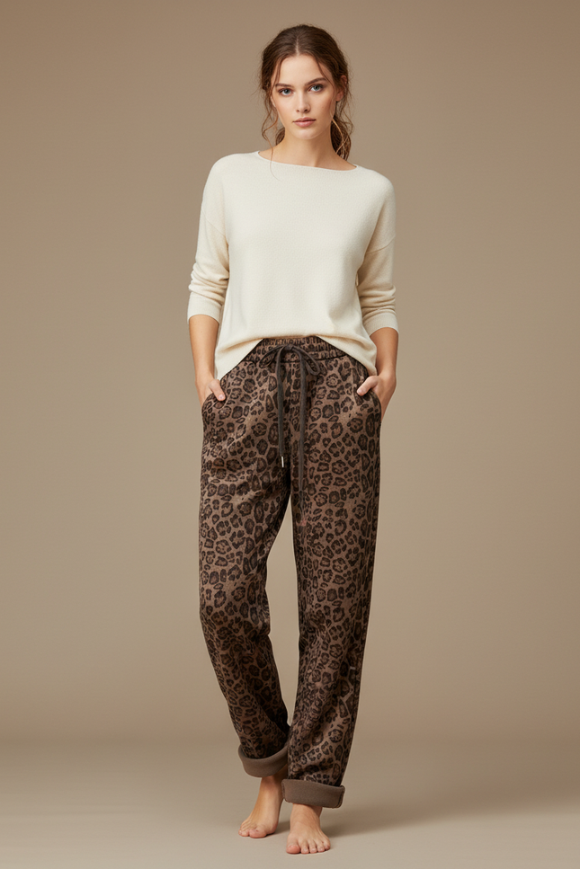 Pantalon Velours Léopard Marron Ample Confortable Femme