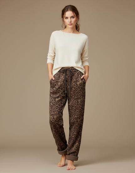 Pantalon Velours Léopard Marron Ample Confortable Femme