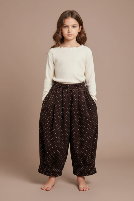 Pantalon Velours Marron Ample Points Blancs Fille