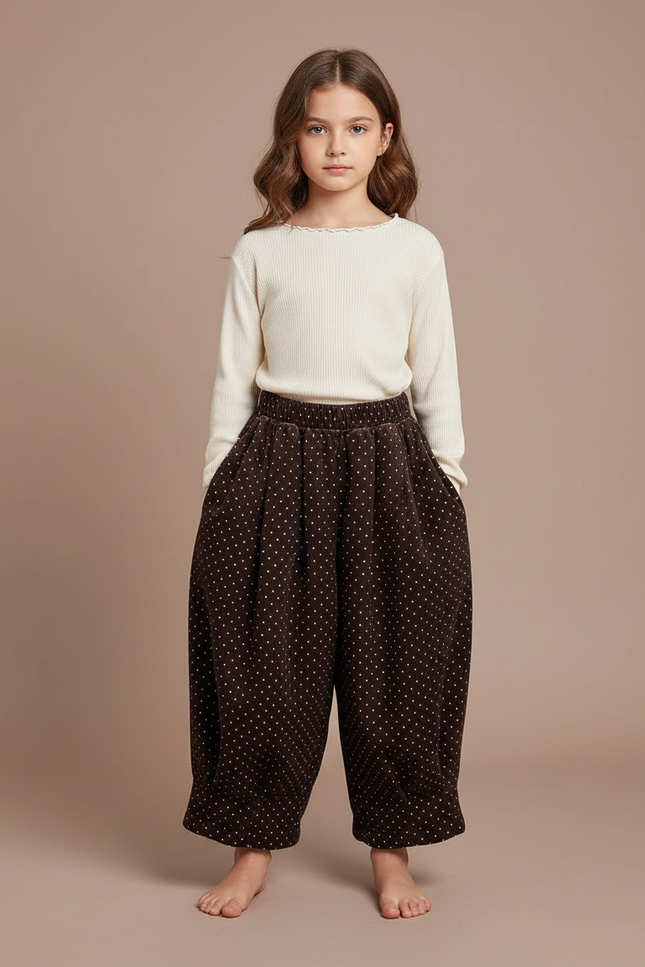 Pantalon Velours Marron Ample Points Blancs Fille
