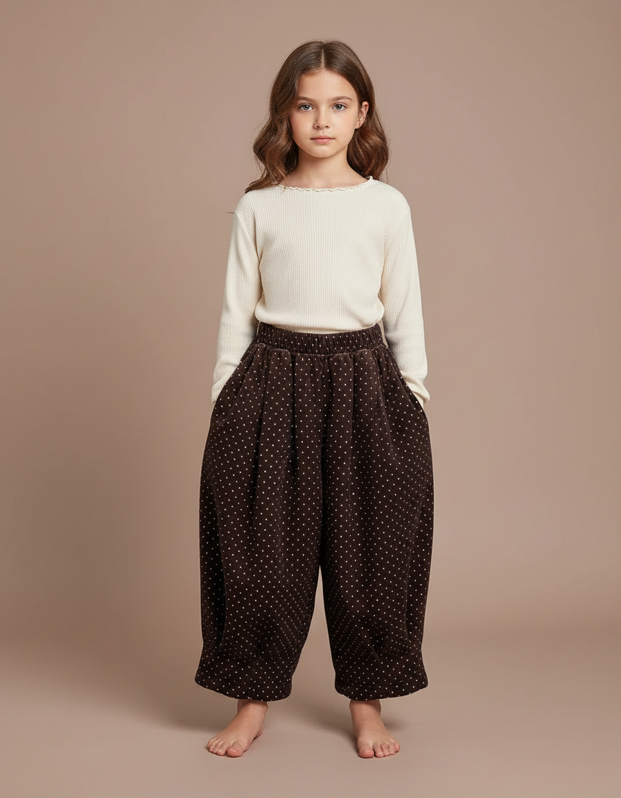 Pantalon Velours Marron Ample Points Blancs Fille