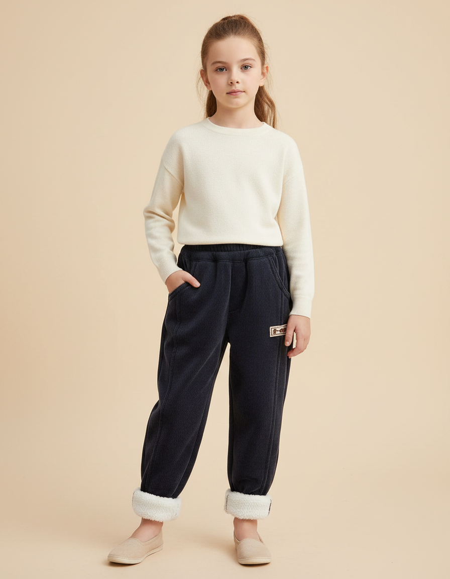 Pantalon Velours Marine Côtelé Ample Doublé Enfant - Cordé