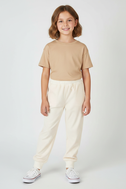Pantalon Velours Côtelé Écru Ample Confortable Fille - Blanc Cordé