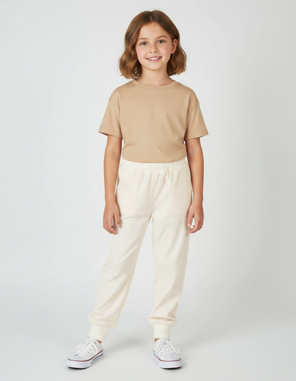 Pantalon Velours Côtelé Écru Ample Confortable Fille - Blanc Cordé