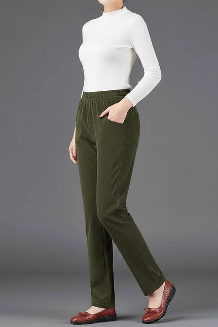 Pantalon Velours Droit Vert Décontracté Élastique Femme