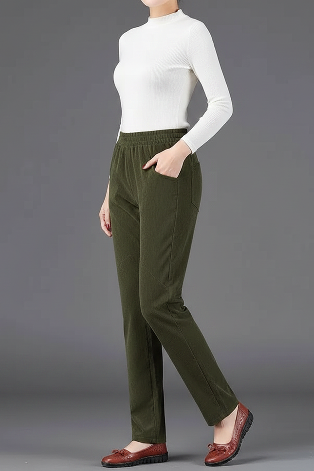 Pantalon Velours Droit Vert Décontracté Élastique Femme