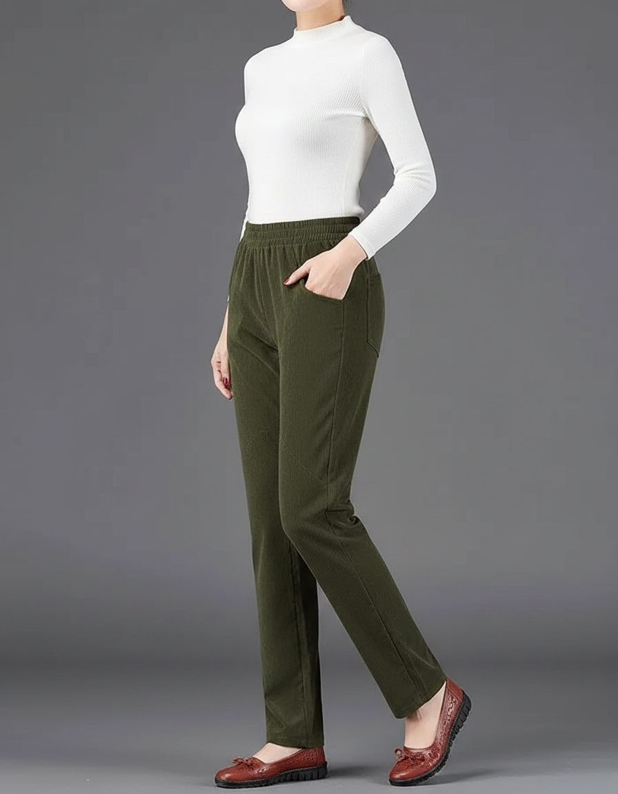 Pantalon Velours Droit Vert Décontracté Élastique Femme