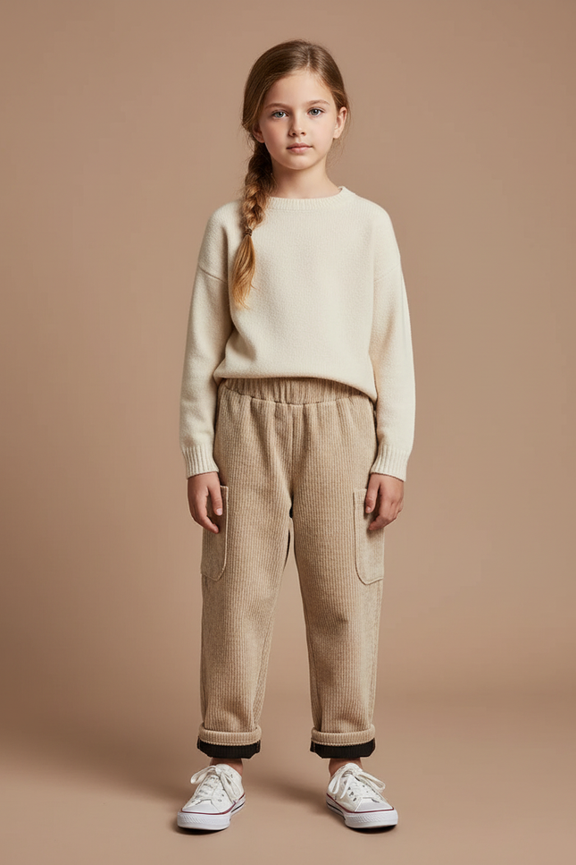 Pantalon Velours Côtelé Beige Ample Élastique Enfant - Cordé