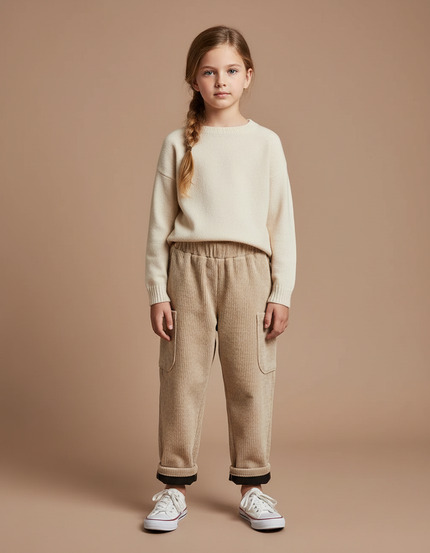 Pantalon Velours Côtelé Beige Ample Élastique Enfant - Cordé