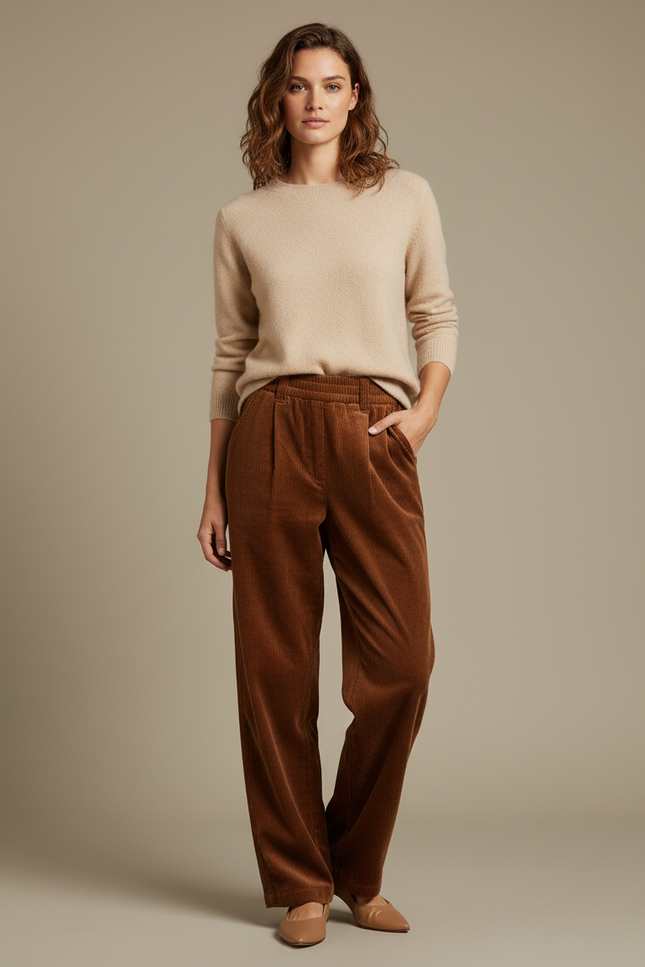 Pantalon Velours Cotelé Femme Marron - Cordé
