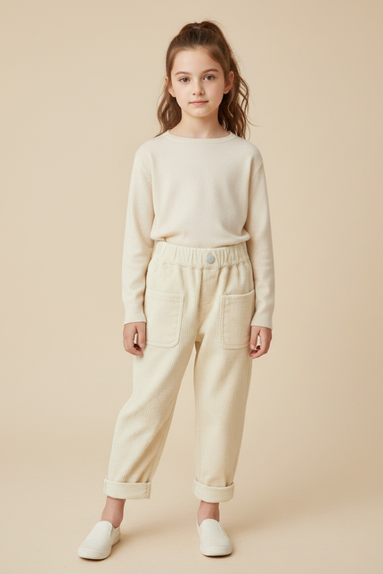 Pantalon Velours Côtelé Beige Ample Enfant Décontracté - Cordé