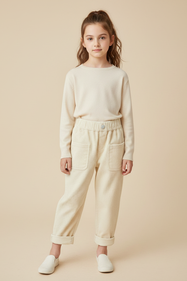 Pantalon Velours Côtelé Beige Ample Enfant Décontracté - Cordé