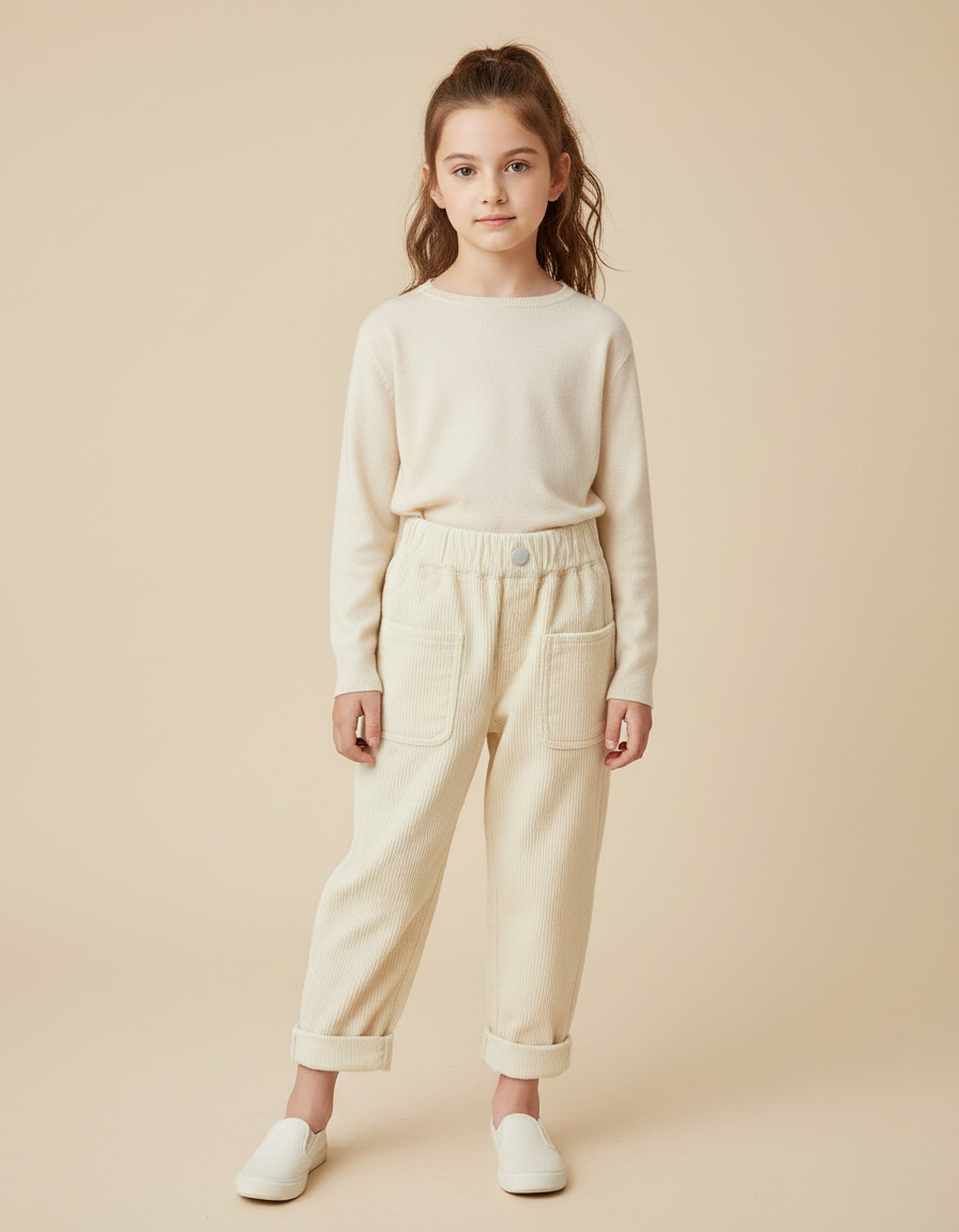 Pantalon Velours Côtelé Beige Ample Enfant Décontracté - Cordé