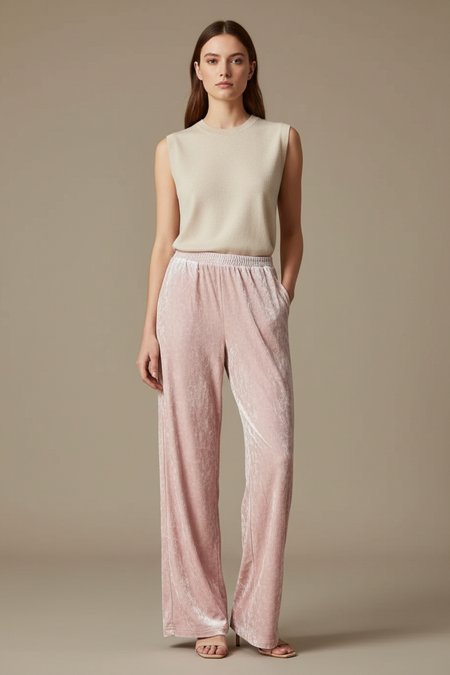 Pantalon Velours Rose Fluide Ample Élégant Femme