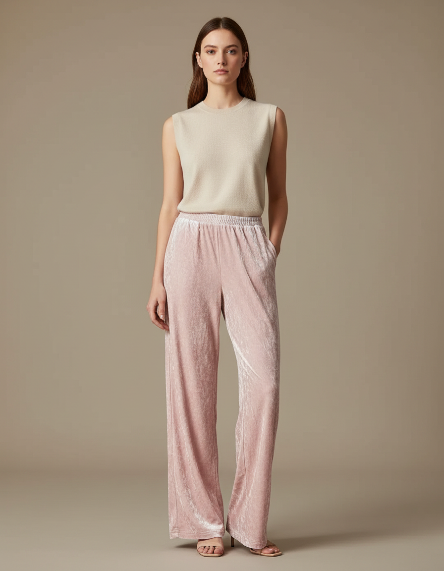 Pantalon Velours Rose Fluide Ample Élégant Femme