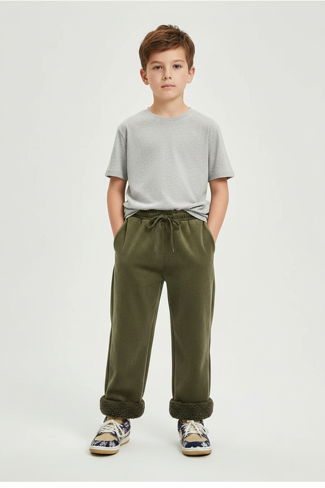 Pantalon Velours Vert Kaki Doublé Chaud Décontracté Garçon