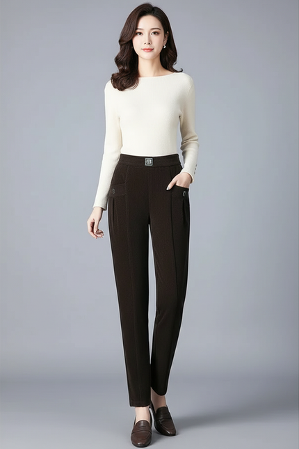 Pantalon Velours Côtelé Marron Taille Haute Élégant Femme - Cordé