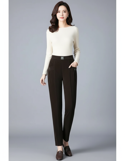 Pantalon Velours Côtelé Marron Taille Haute Élégant Femme - Cordé