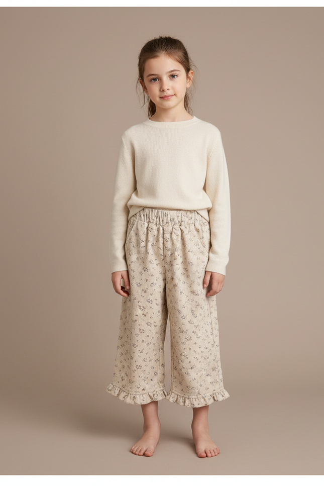 Pantalon Velours Beige Floral Ample Fille