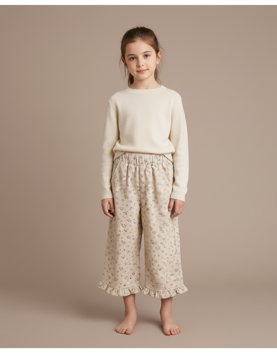 Pantalon Velours Beige Floral Ample Fille