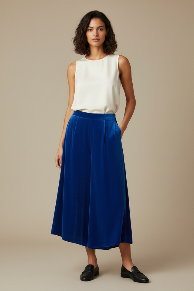 Pantalon Velours Bleu Royal Ample Fluide Élégant