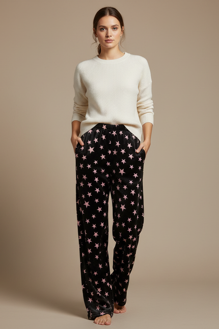 Pantalon Velours Noir Étoiles Roses Ample Femme
