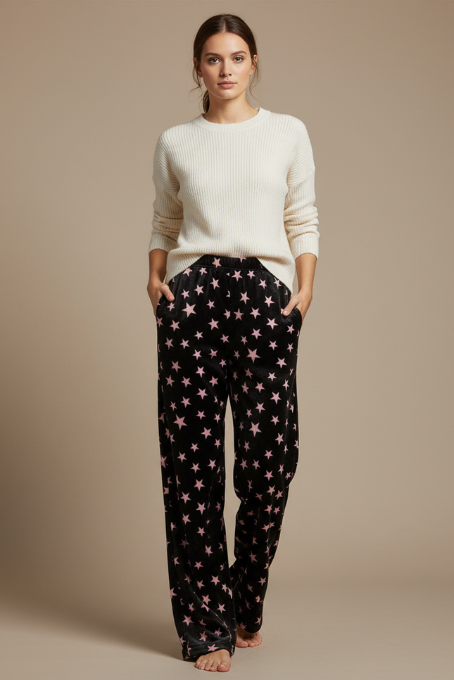 Pantalon Velours Noir Étoiles Roses Ample Femme