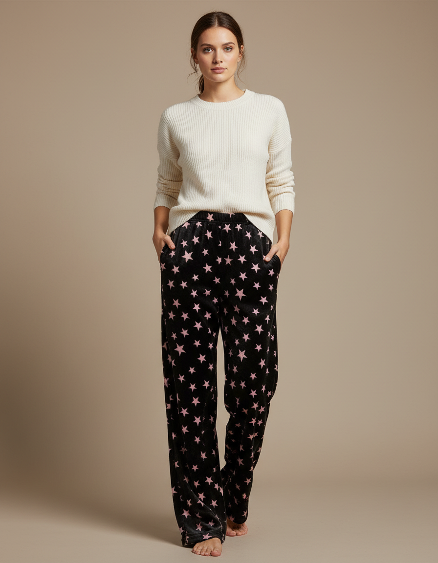 Pantalon Velours Noir Étoiles Roses Ample Femme