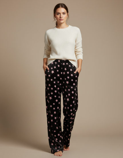 Pantalon Velours Noir Étoiles Roses Ample Femme