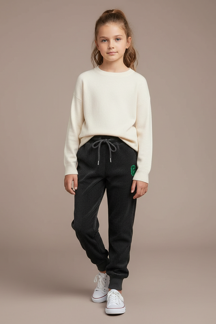 Pantalon Velours Côtelé Ample Gris Enfant Décontracté - Cordé